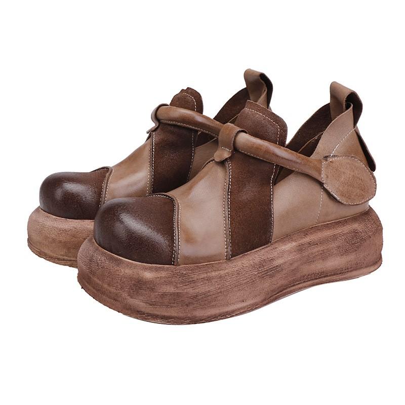 Johnature Flache Plateauschuhe aus echtem Leder für Damen, vielseitige Vintage-Schuhe mit runder Zehenpartie und dicker Sohle