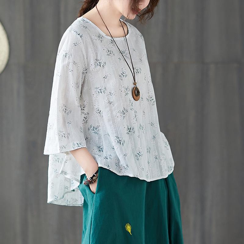 

2026 Summer Plus Size Women s Jacquard Print Three-Quarter Sleeve Round Neck T-Shirt 2XL білий