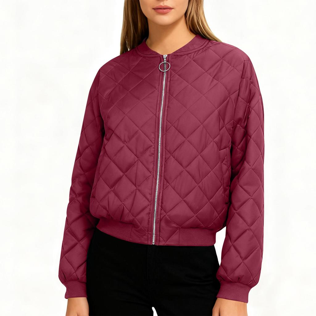 Ladies Zipper Long Sleeve Stand Collar Check Slim Baseball Padded Top Blouse Jacket Coat