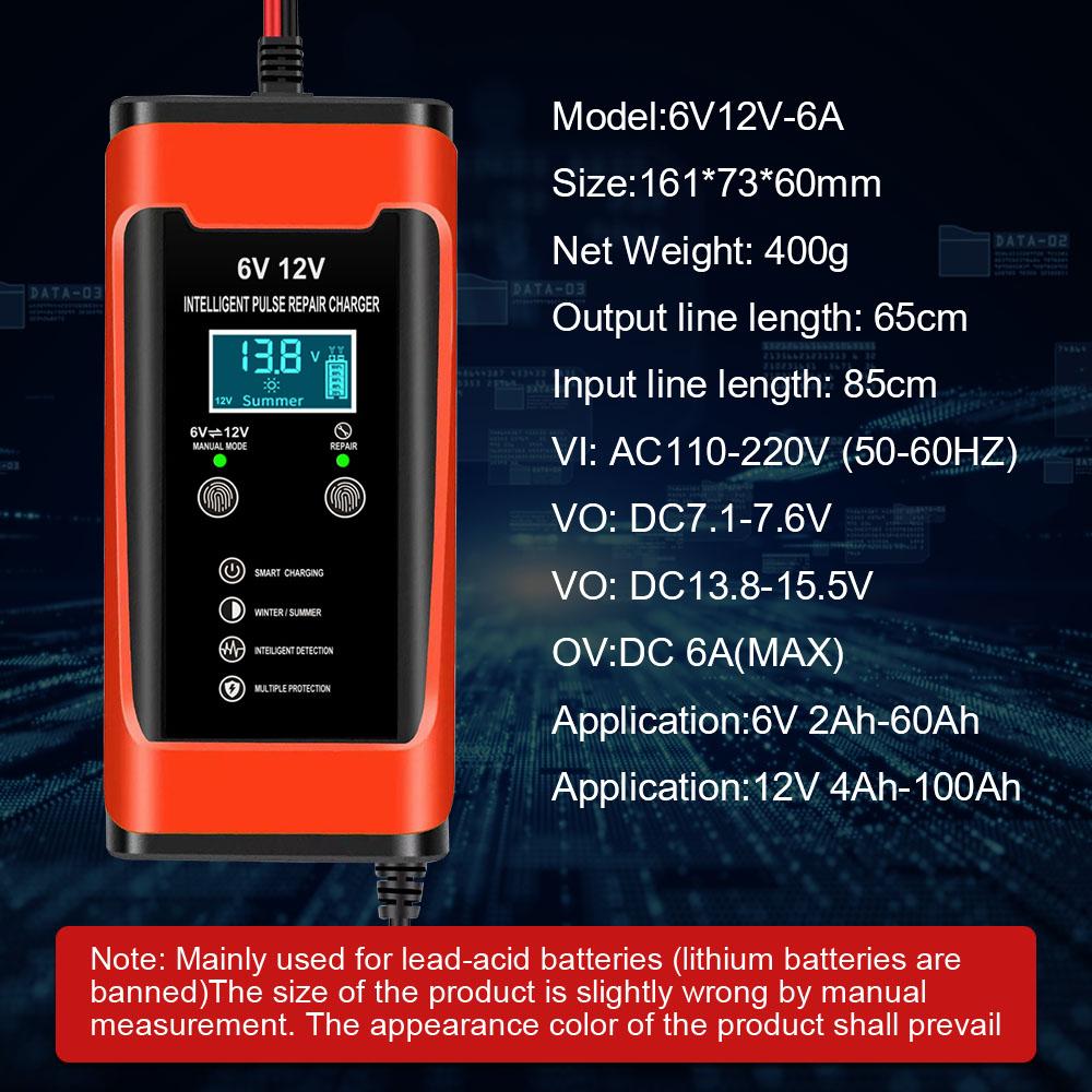 6A 12V Digital Chargers Car Battery Maintenance Smart Pulse Repair Storage Cell Lead Acid Batteries Chargers For Boat Motorcycle