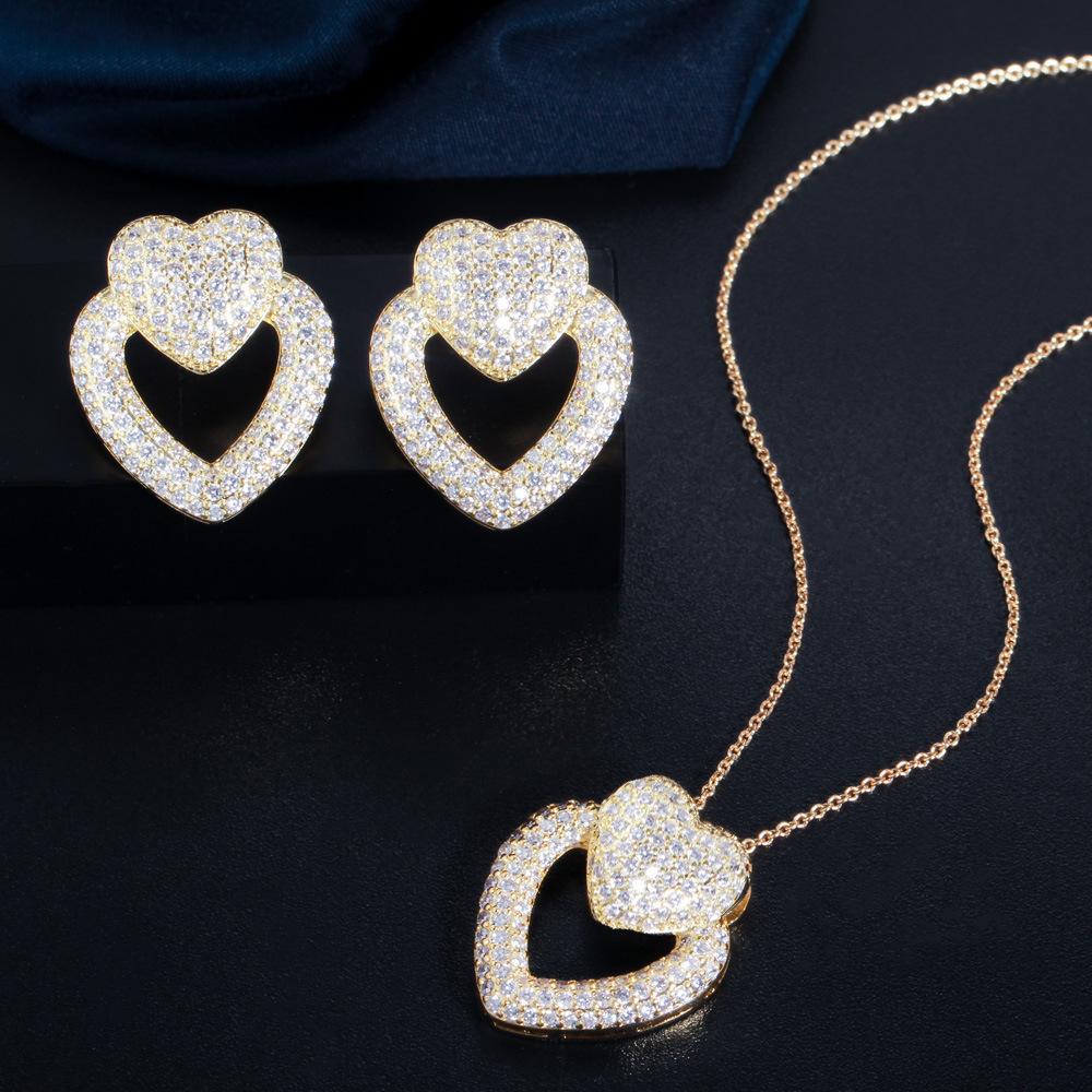 Popular Jewelry Peach Heart Shape Micro-Inlaid Zircon Set Chain Love Stud Earrings Necklace Full Of Diamonds Two-Piece Set