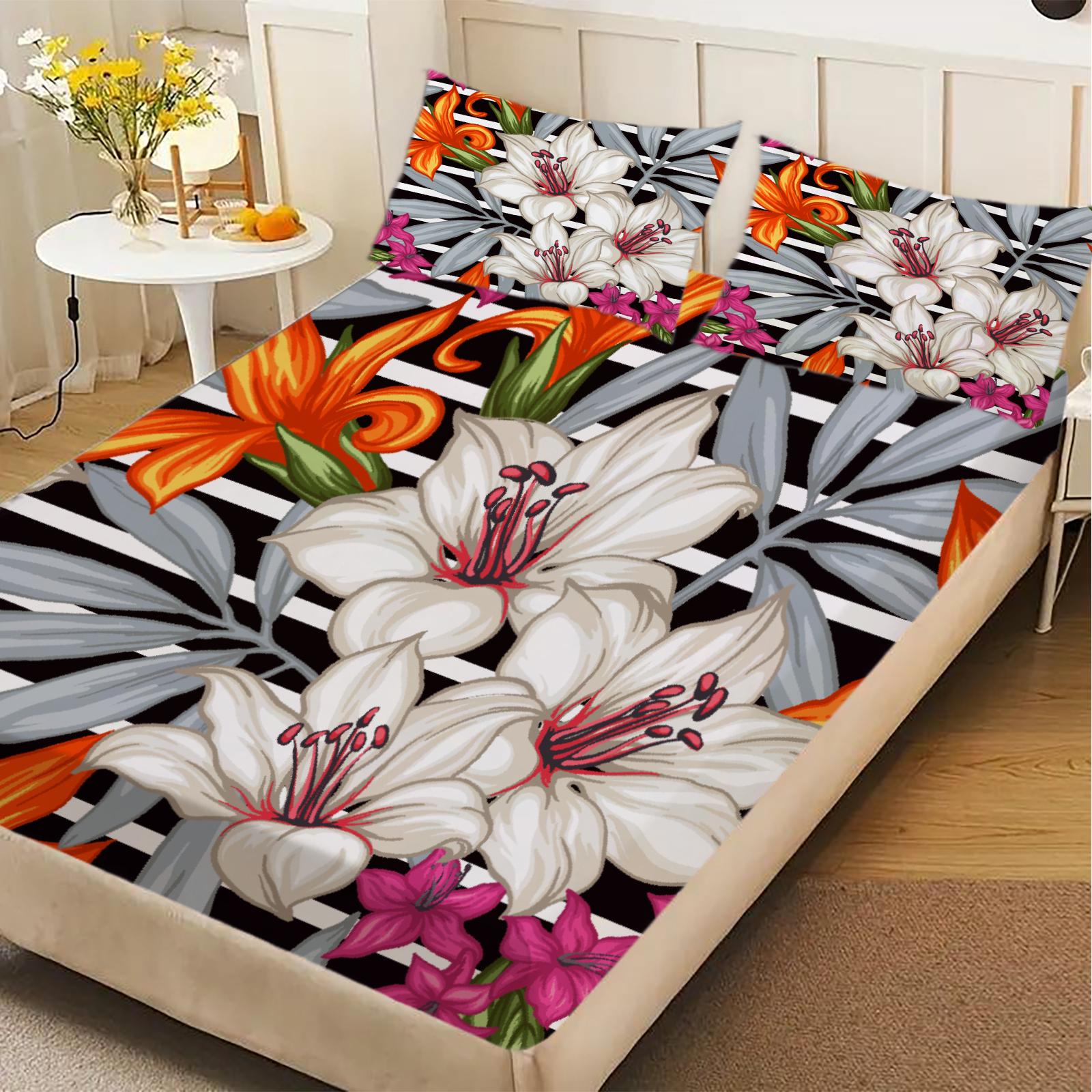 

3pcs Fitted Sheet Set Black And White Stripes With Pinecones And Poinsettias Bed Sheet With Pillowcases For Bedroom Decor 150x200x25cm