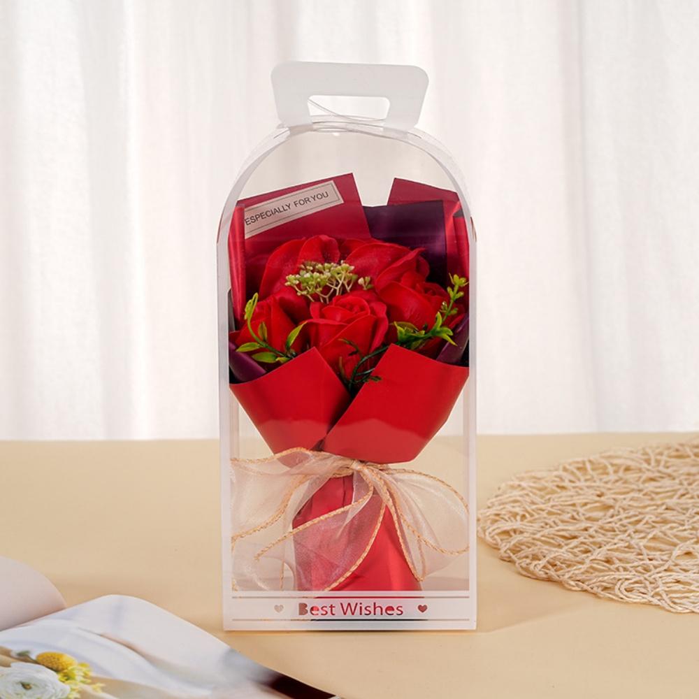5 Heads Artificial Flowers Artificial Rose Flower Bouquet with PVC Transparent Gift Box Valentine's Day Mother's Day Soap Flower