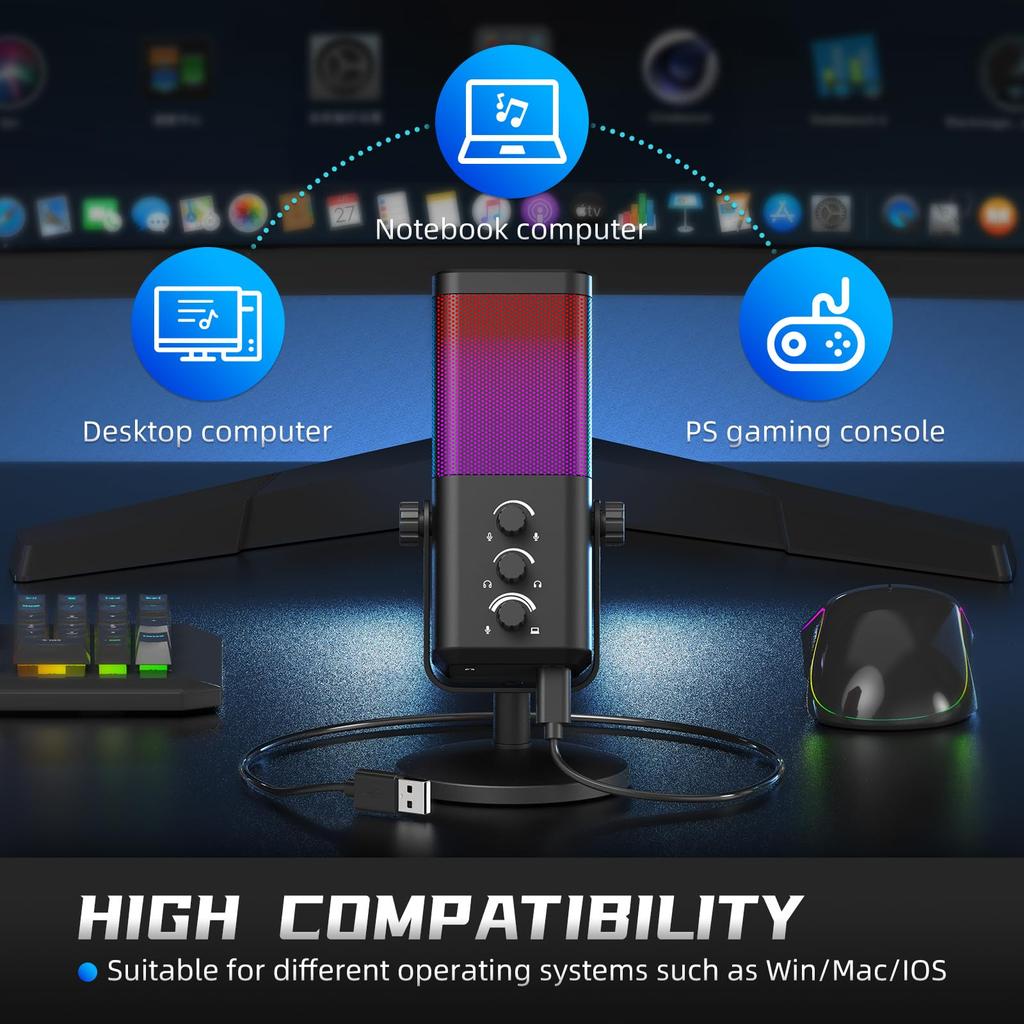 XTUGA M7 Gaming Microphone USB RGB Dynamic Light Noise Reduction Condenser Microphone Real-Time Monitoring Streaming Podcast Studio PC PS5 Mac