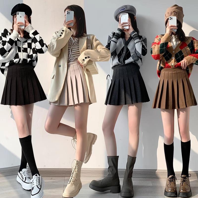 Women High Waist Wool Pleated Mini Skirt 2026 Fall Slim A-line JK School Style Anti-chafing Safety Liner Two Length Options