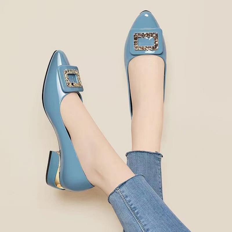 2025 Nuevos Zapatos Bajos de Moda de Lujo para Mujer Tacón Grueso Cara Brillante Zapatos de Cuero para el Trabajo Versátiles Casuales Zapatos para Mujer