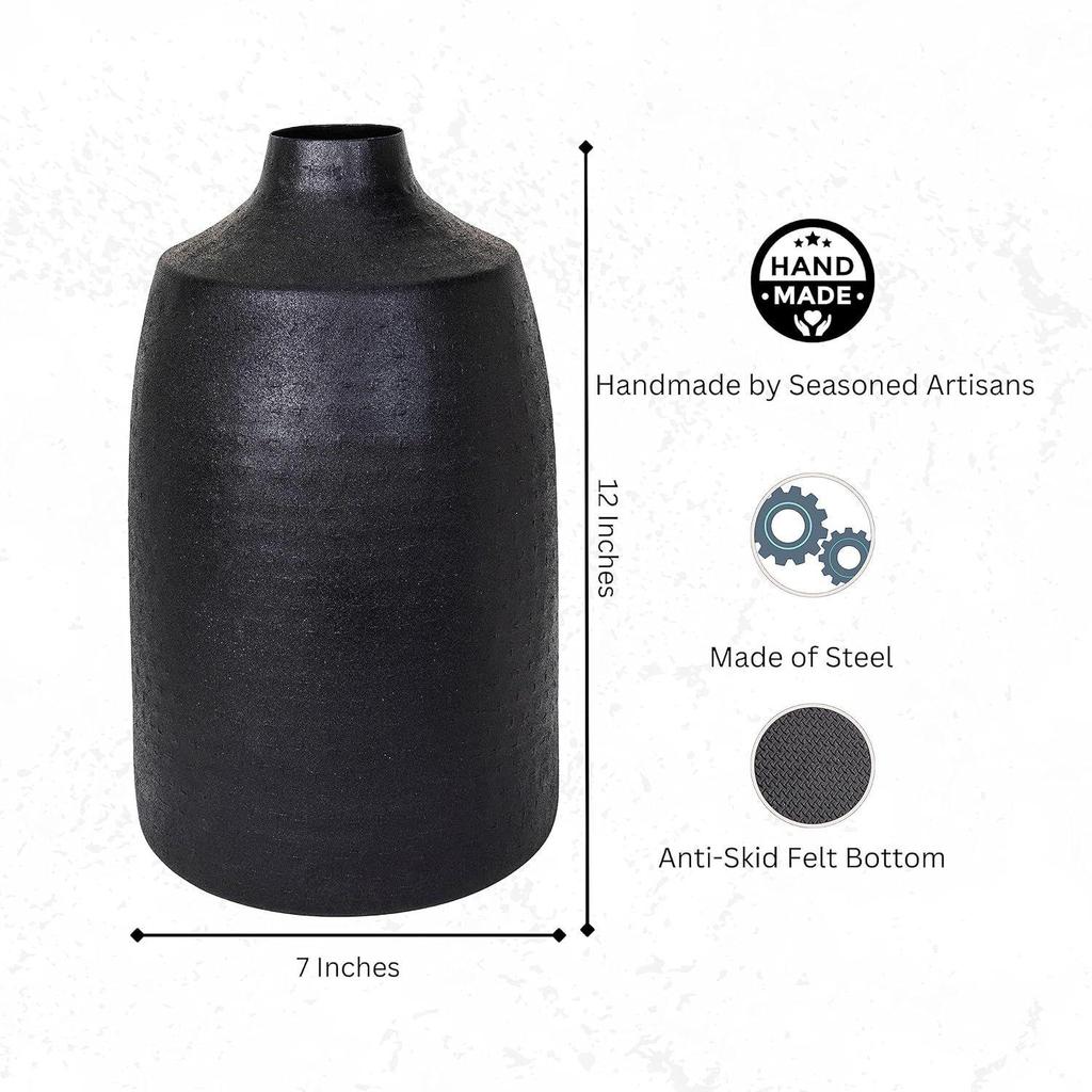 Metall Runde Vase für Wohnzimmer 12" X 7" Gehämmert Schwarz Vase für Trocken-/Kunstblumen, Vintage Deko für Wohnzimmer,