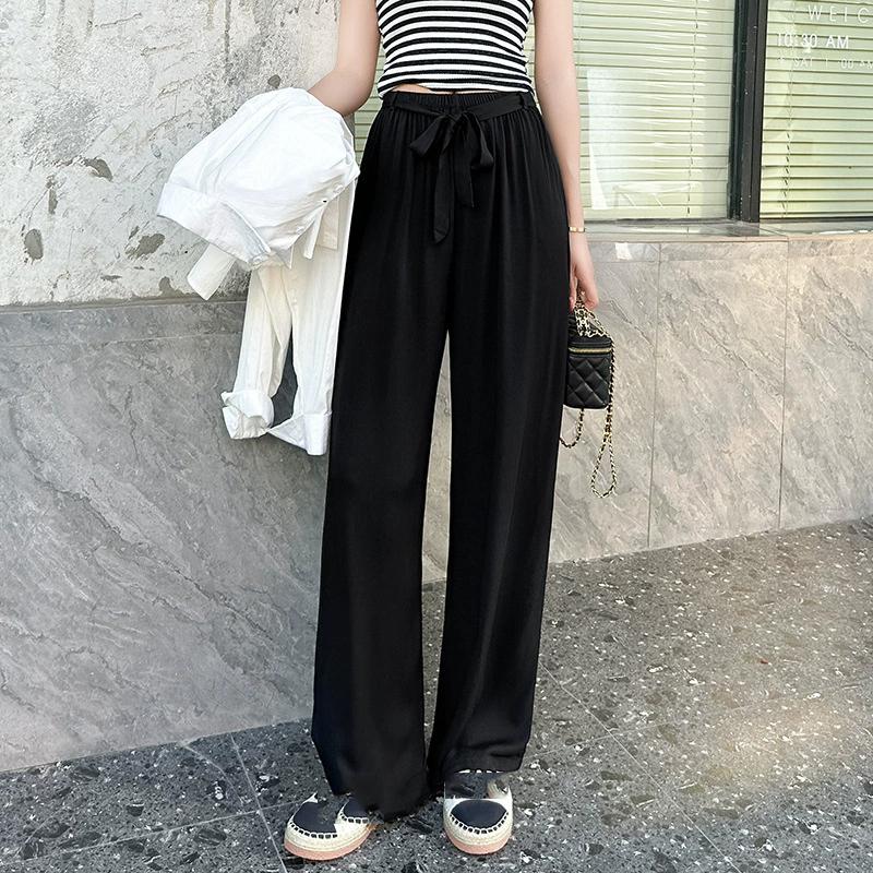 Pantaloni de pijama din bumbac mătase pentru femei, secțiune subțire de vară, anti-țânțari, pantaloni cu picior lat, culoare uni, pentru exterior, casă, petrecere a timpului liber, imprimeu, pantaloni de plajă până la genunchi