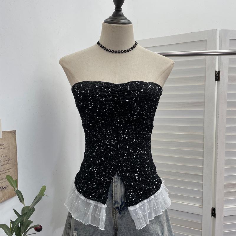 

Shiny Strapless Tank Top with Anti-Slip Strip & Chest Pads One Size чорний