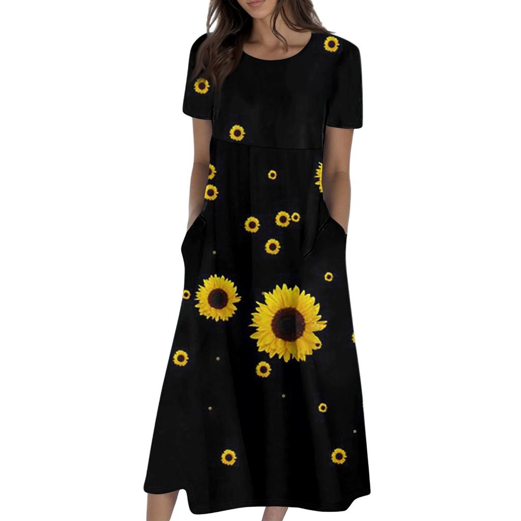 Rochie de buzunar cu mânecă scurtă, cu gât rotund, imprimată la modă ocazională de vară