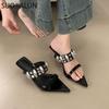 Fashion SUOJIALUN 2025 Summer New Brand Women Slipper Fashion Rivet Pointed Toe Slip On Ladies Slides Thin High Heel Outdoor Dress Sanda