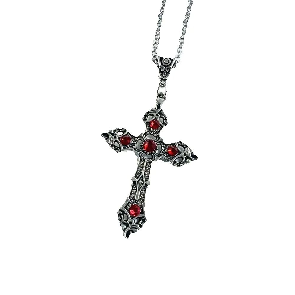Gothic Black Cross Pendant Necklace with Ruby Red Crystal - Unisex Minimalist Retro Jewelry for Men or Women 50cm