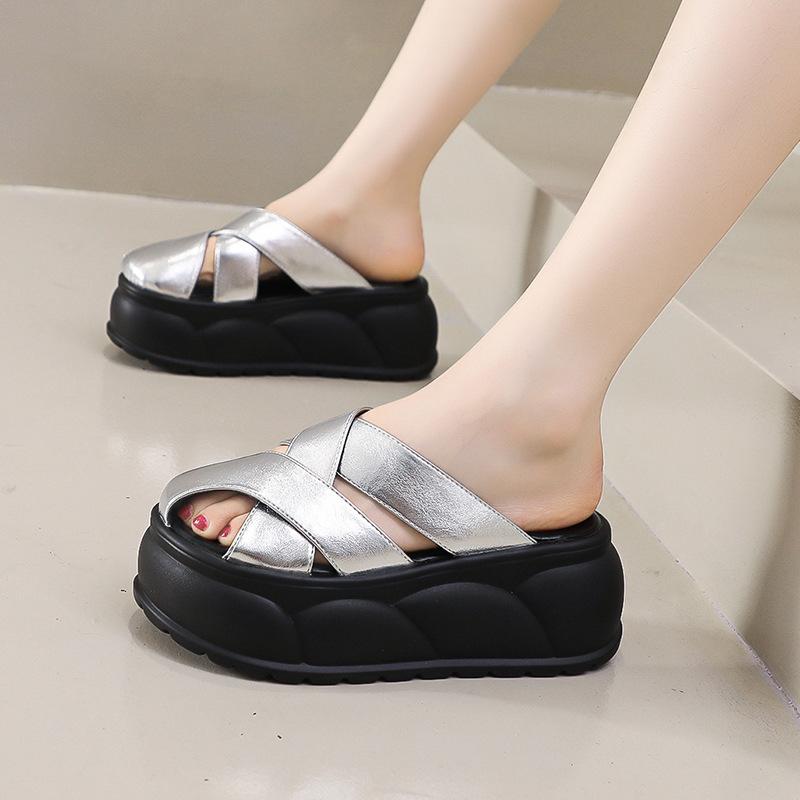 Real soft leather bag head half slippers women's outer wear 2025 summer new thick-soled comfortable fashionable versatile soft-soled slippers