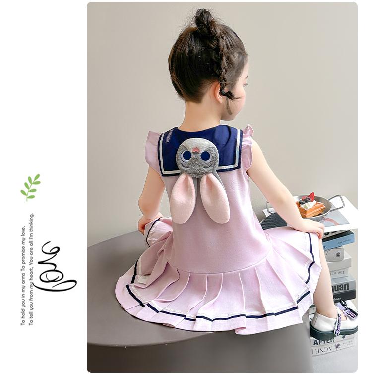 Girl Rabbit Police Officer Knitted Pleated Skirt Summer 2026 New Item Baby Girl Flying Sleeve Navy Collar Summer Dress Princess Skirt