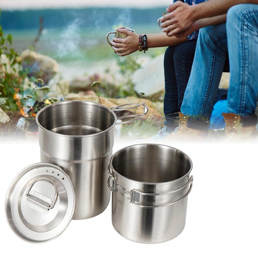 2 Pcs Camping Cookware Cooking Set Outdoor Stainless Steel Camping Pots Cup Mug for Backpacking Hiking Picnic