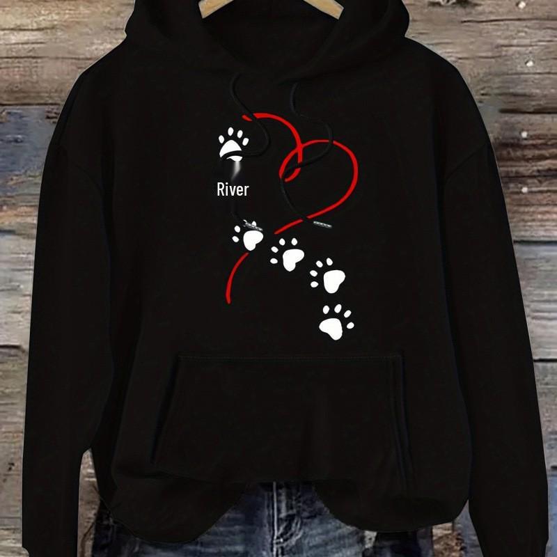 Women's Heart & Paw Print Casual Hoodie - Cozy Polyester Pullover