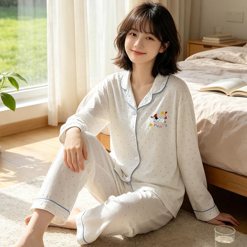 Japanese cute cartoon pajamas women's spring and autumn imitation cotton long-sleeved soft girl casual loungewear suit can be worn outside