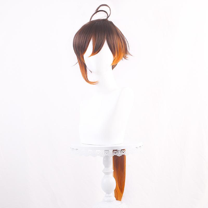 Anime Genshin Impact Zhongli Cosplay Long Ponytail Brown Orange Wig Anime Heat Resistant Hair Synthetic Cosplay Wig