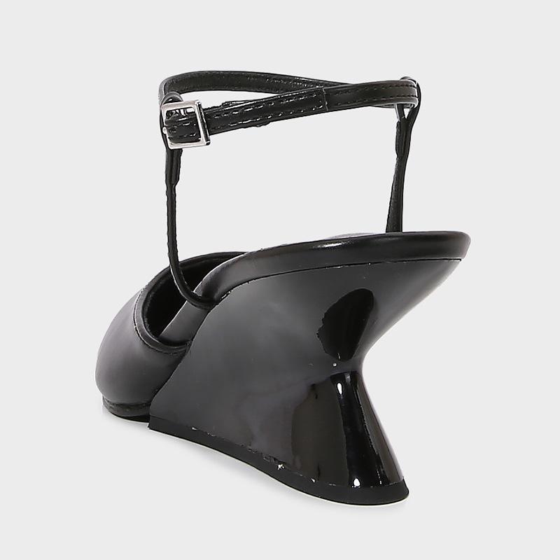 Fashion Fashion Wedge Heeled Sandals Women Sexy Pointed Toe Ankle Strap Buckle Mules High Heels Black Summer Designer Shoes for Women