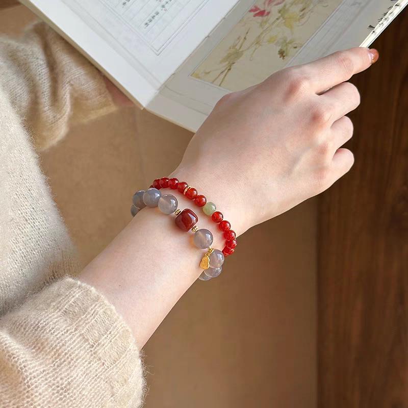 New Chinese Style Natural Ash Red Agate Beaded Bracelet - Cool National Cultural Round Beads