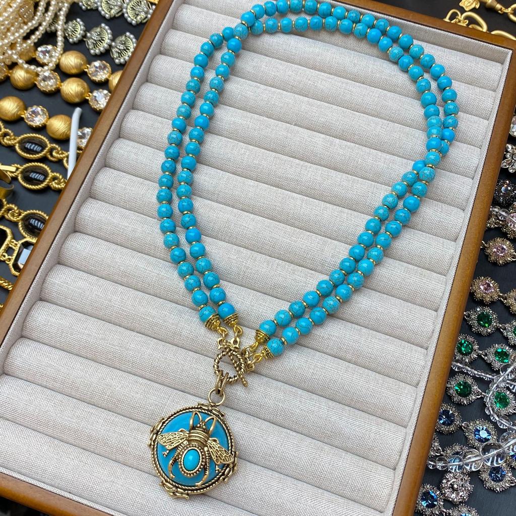 Medieval Retro Turquoise Bee Stud Earrings, Brooch, Court Style Light Luxury Design Double-Layer Necklace