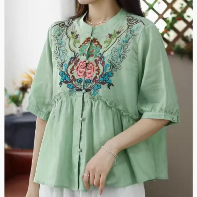 Johnature Women Embroidery Floral Vintage Shirts Tops Stand Half Sleeve Blouses