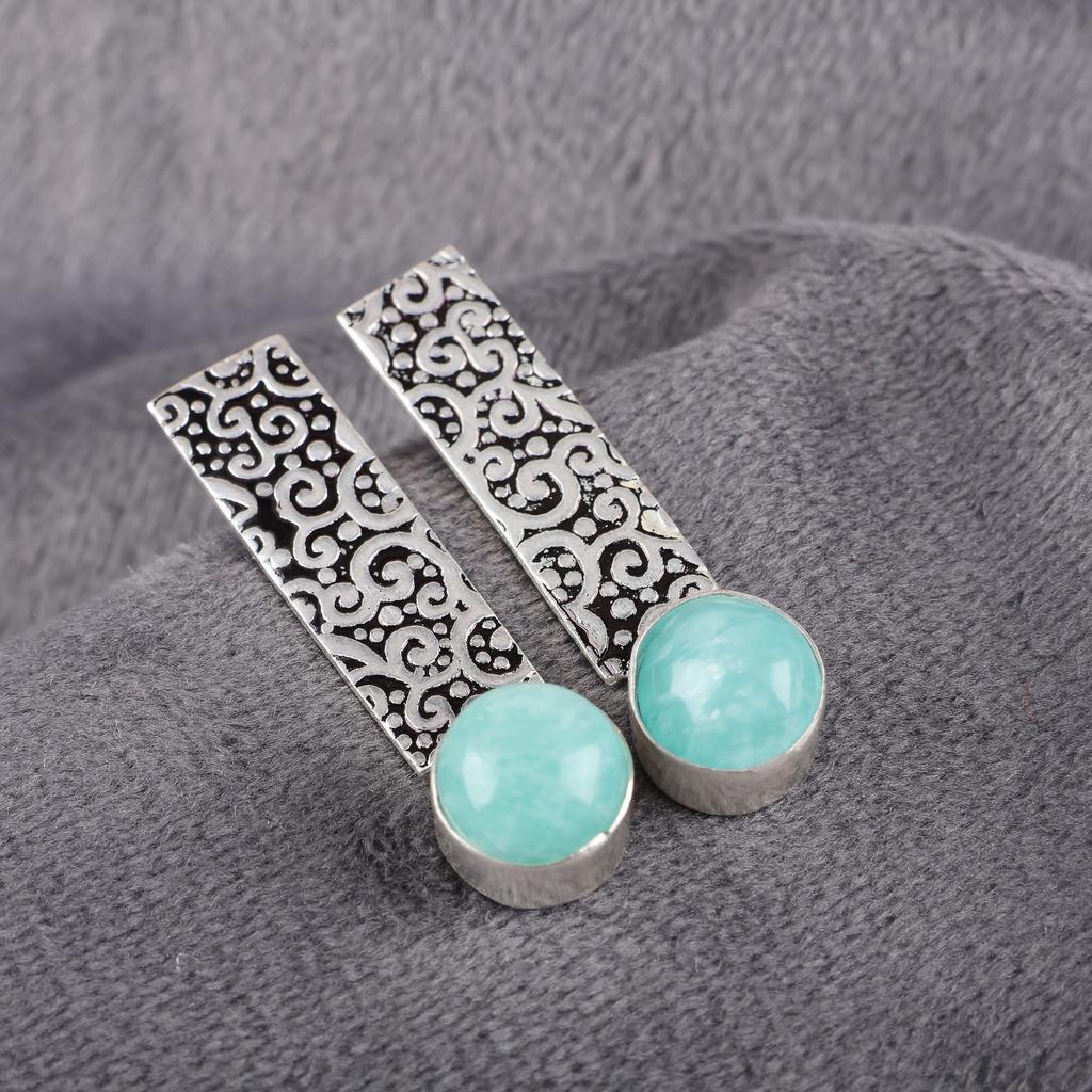 Bijoux en Amazonite, Boucles d'oreilles en Argent Sterling Massif 925, Boucles d'oreilles de Créateur en Argent Fait Main Pour Cadeau de Mariage