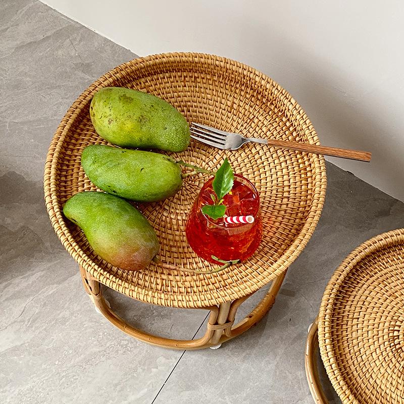 Handwoven Rattan Balcony Side Table Vintage Tea Sofa Coffee Table Durable Dessert and Snack Stand Japanese Bedroom Organizer