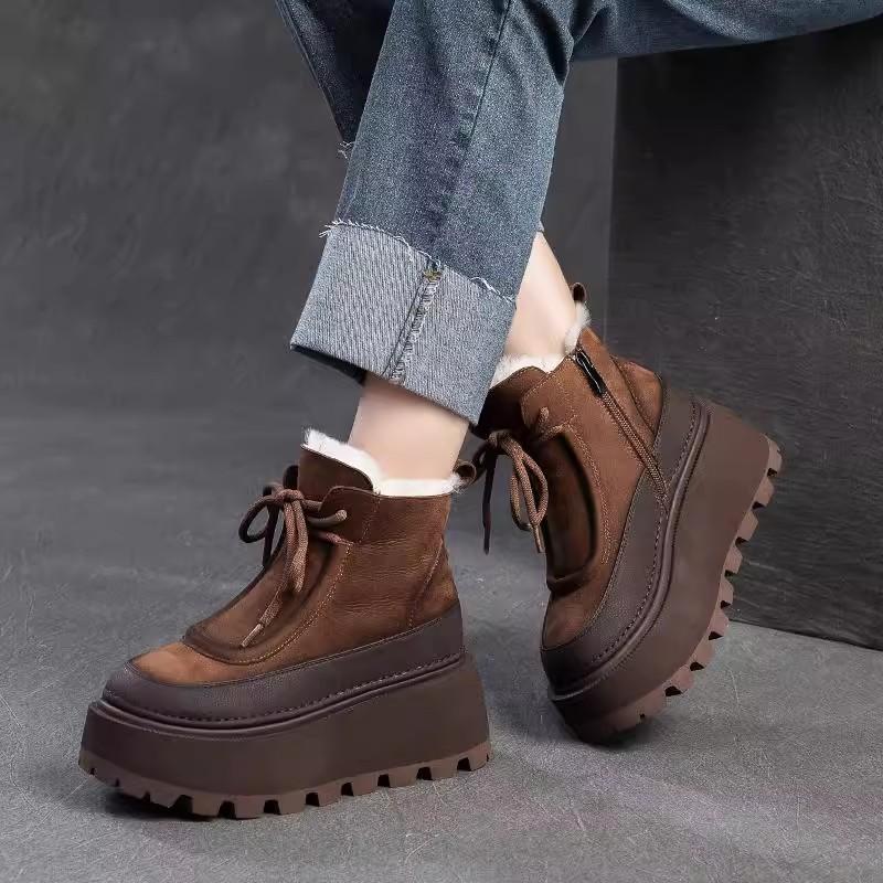 Fashion GKTINOO 6.5cm Genuine Leather Snow Boots Platform Warm Winter Ankle Boots Women Natural Wool Fur Booties Thick Sole Shoes