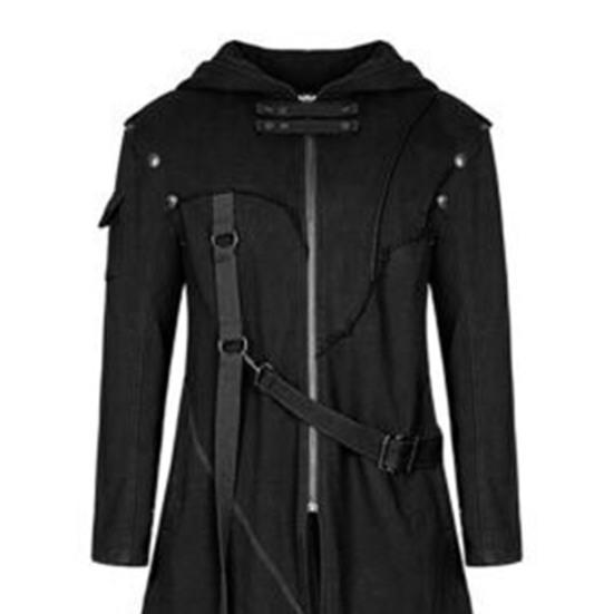 Autumn Winter Men Long Coat Solid Color Irregular Long Sleeves Hooded Zipper Strappy Overcoat for Halloween