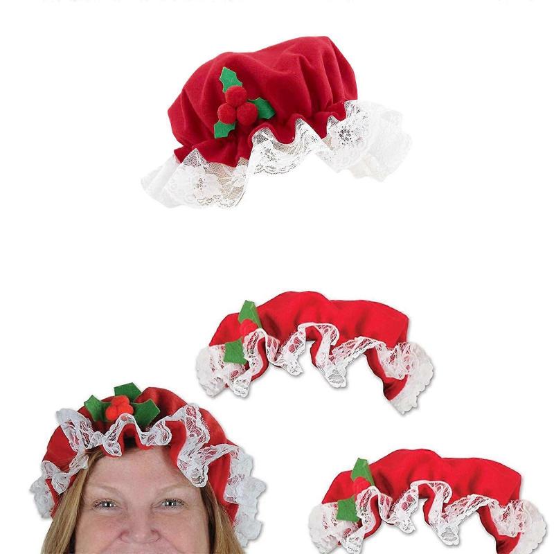 Adult Mrs Santa Hat with Lace for Holiday New Year Red and Green Christmas Mistletoe Bonnet Hat Accessories  Red