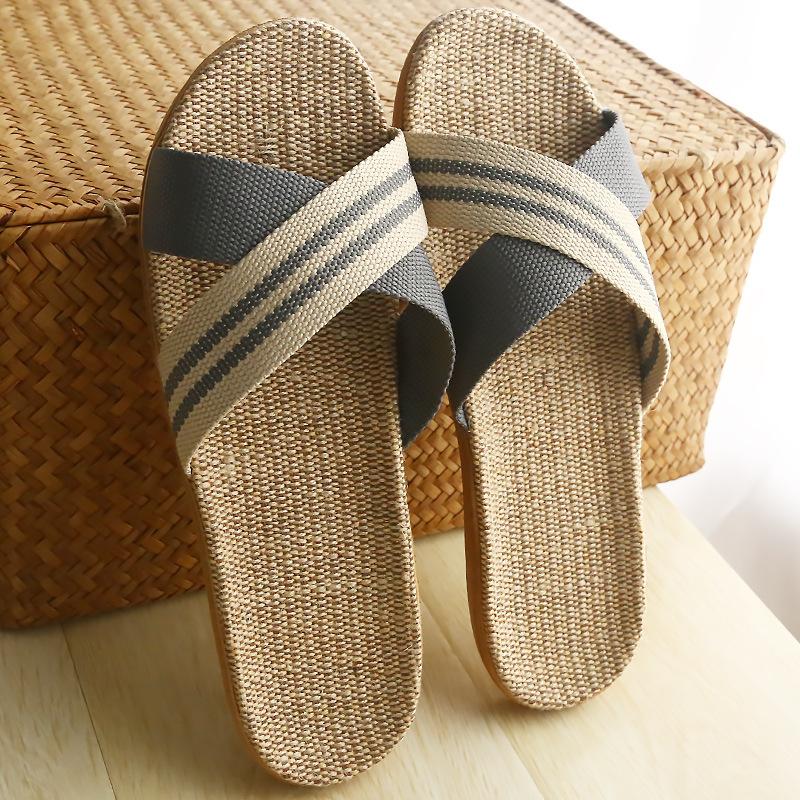 Crossed linen slippers women's summer home couple thick bottom non-slip indoor soft bottom home cool slippers men's summer