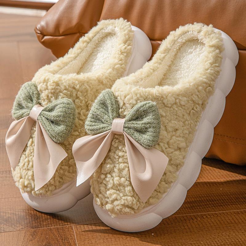 Women's Bow Cotton Slippers: Warm, Thick-Soled, Non-Slip, Plush Home Footwear for Autumn and Winter