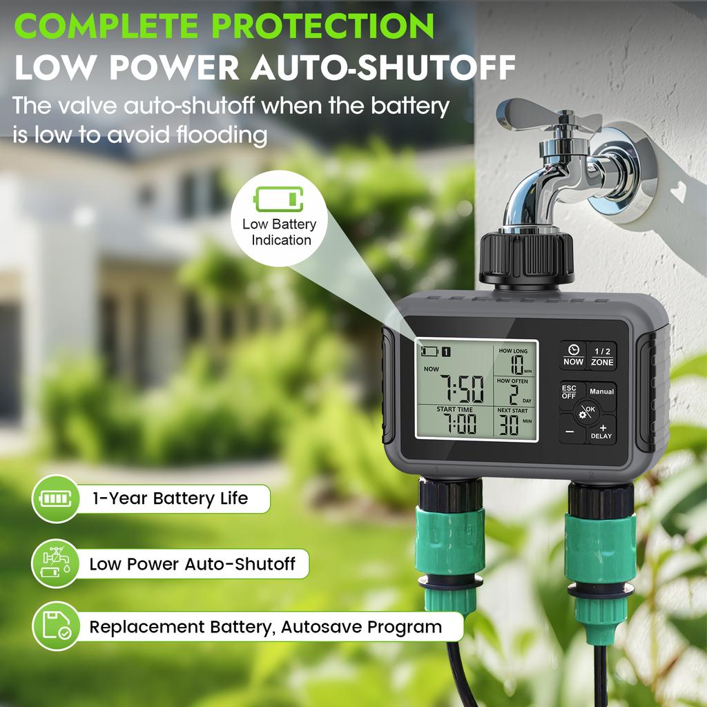 Programmable Dual-Outlet Water Hose Timer, Rainproof Irrigation Controller with Rain Sensor for Automatic Garden Watering
