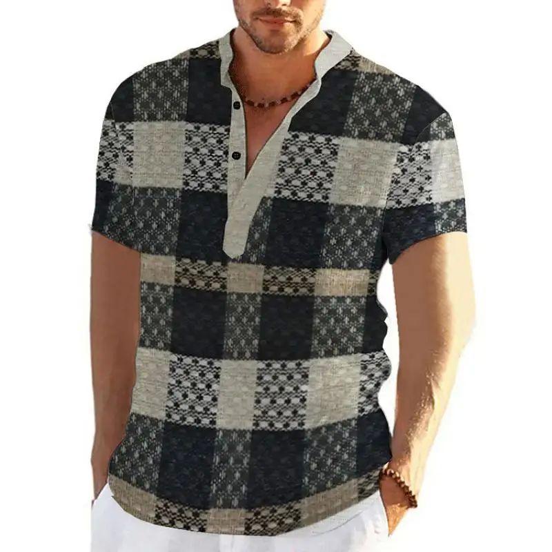 Vintage Men'S 3D Faion Patchwork Printed Irt Oversized Autumn Collar Fce Lined Thiened Nine-Quarter Sve