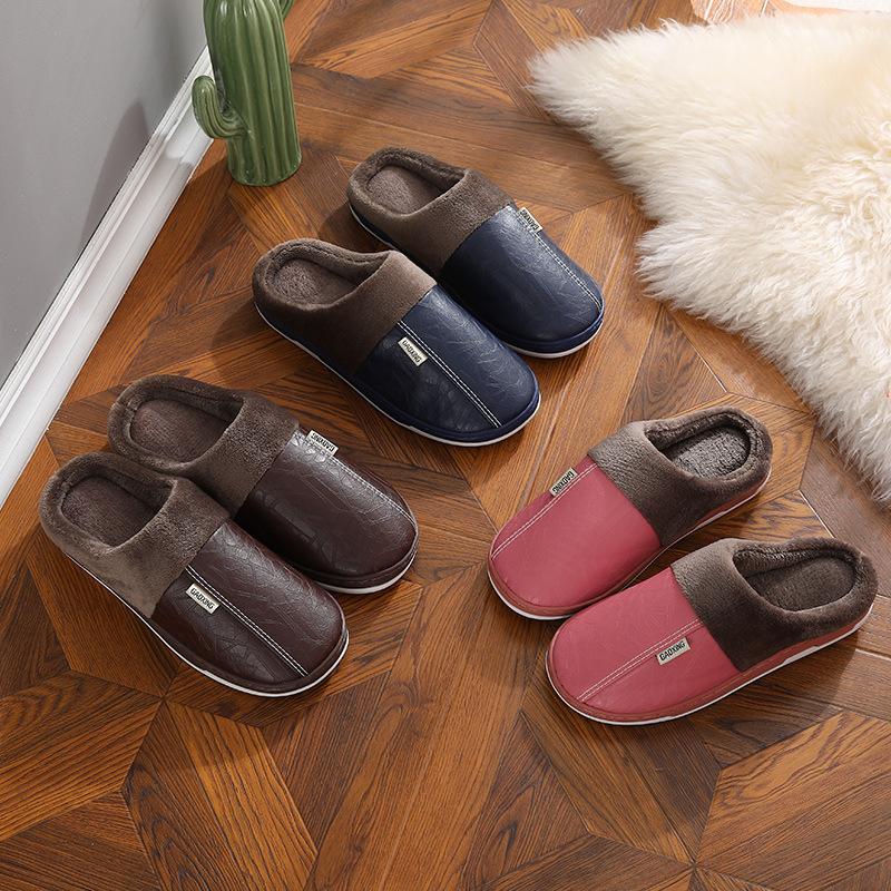 Winter Waterproof Warm Cotton Slippers Bag with Leather Surface Winter Home Home Couple Indoor Non-slip Slippers New
