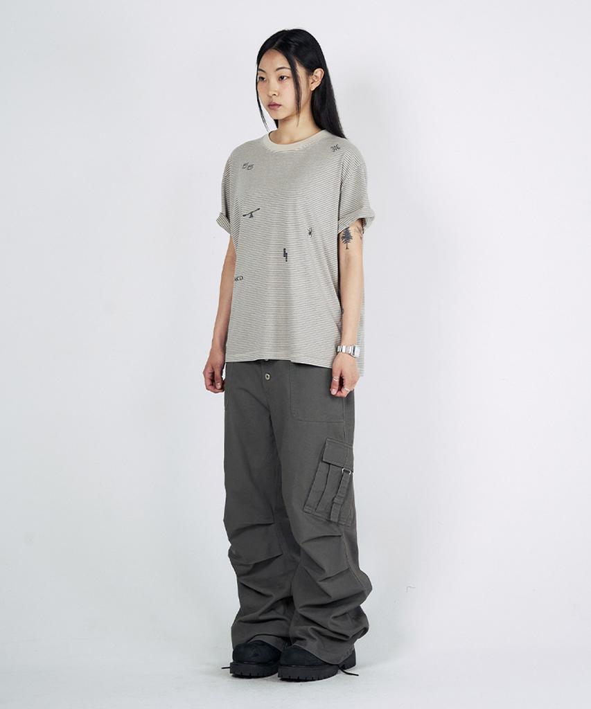 SLOWACID Pigment Stripe Stamp Short Sleeve T-Shirt [Oatmeal]