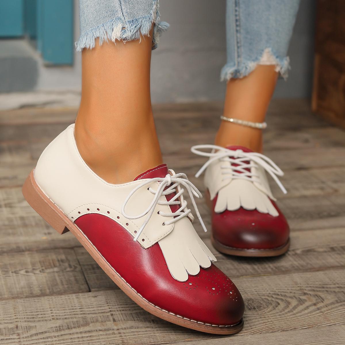 Red Green Color Mixed Brogue Shoes Women s Lace Up Oxford Dress Flat Ladies Flower Print British Derby Footwear 36