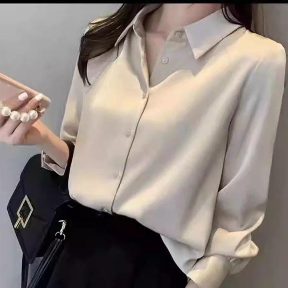 Korean Commute Spring Autumn Satin Blouses Women's Polo Neck Solid Button Loose Ruched Long Sleeve Casual All-match Shirts
