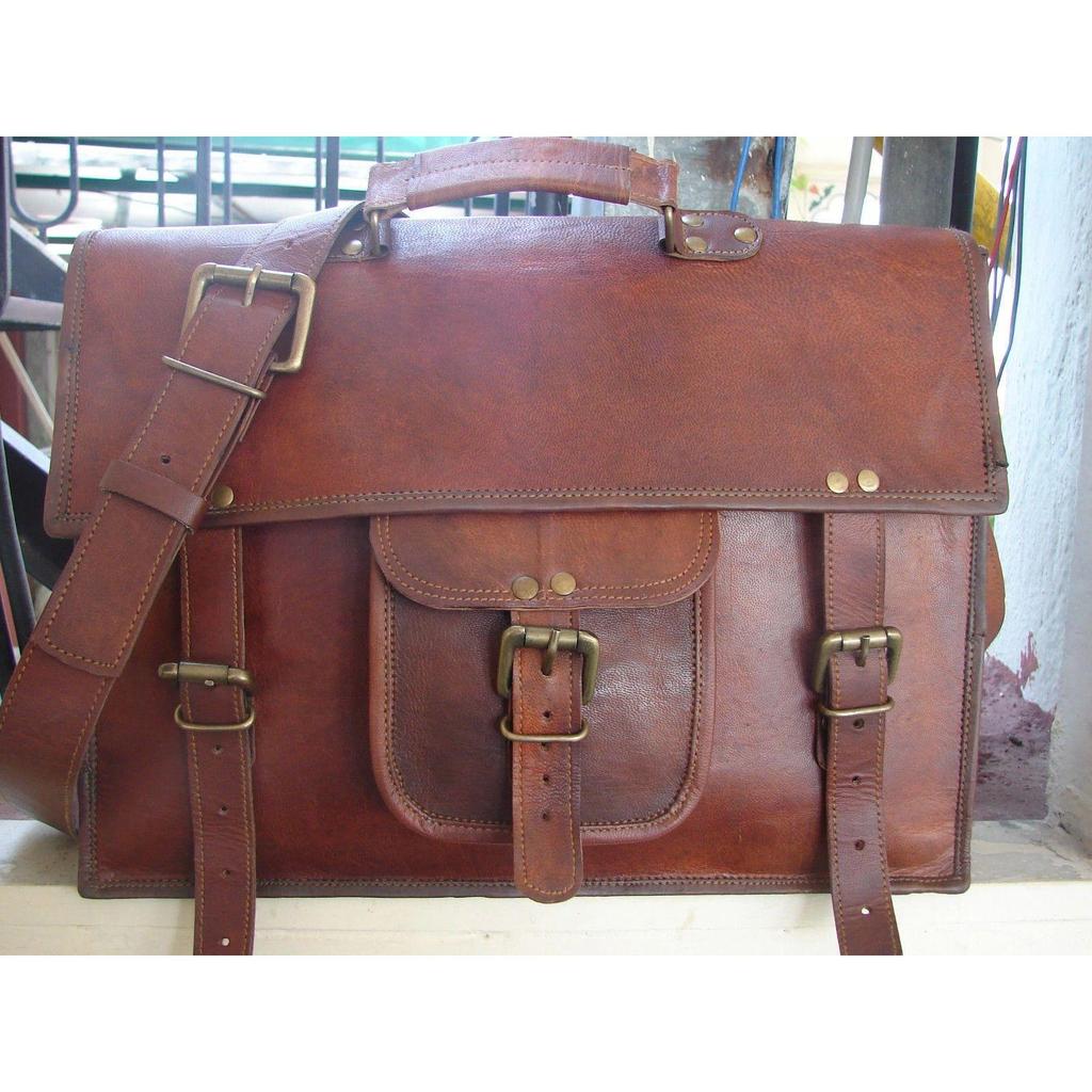 New Men's Vintage Goat Leather Briefcase Handbag Shoulder Messenger Laptop Bag