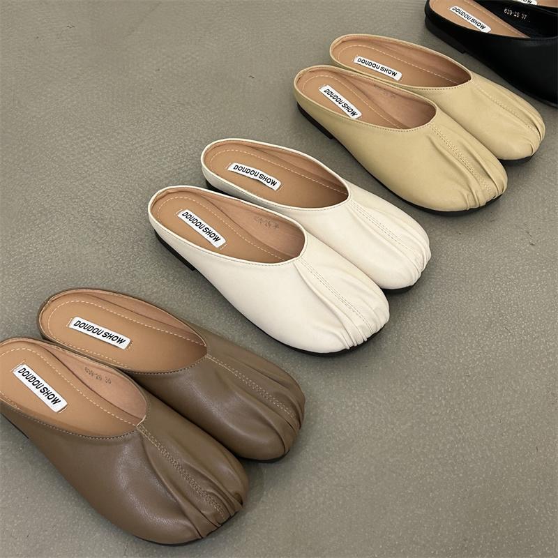 Korean version of retro flat-bottomed bag head drag women's outer wear spring and summer new pleated round head half slippers casual versatile cool sl