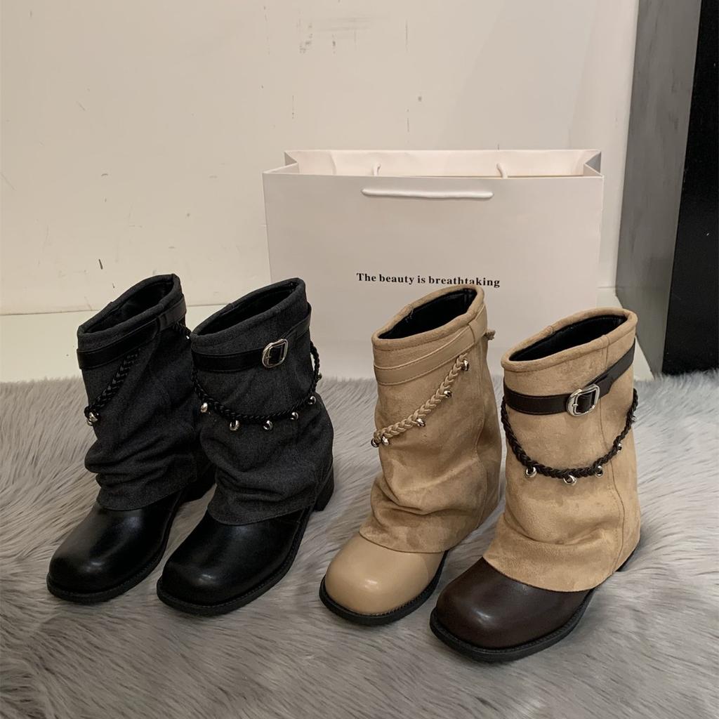 Skinny Martin boots women's spring new flat-bottomed huge-looking stacked pants tube boots suede belt buckle cigarette tube short boots