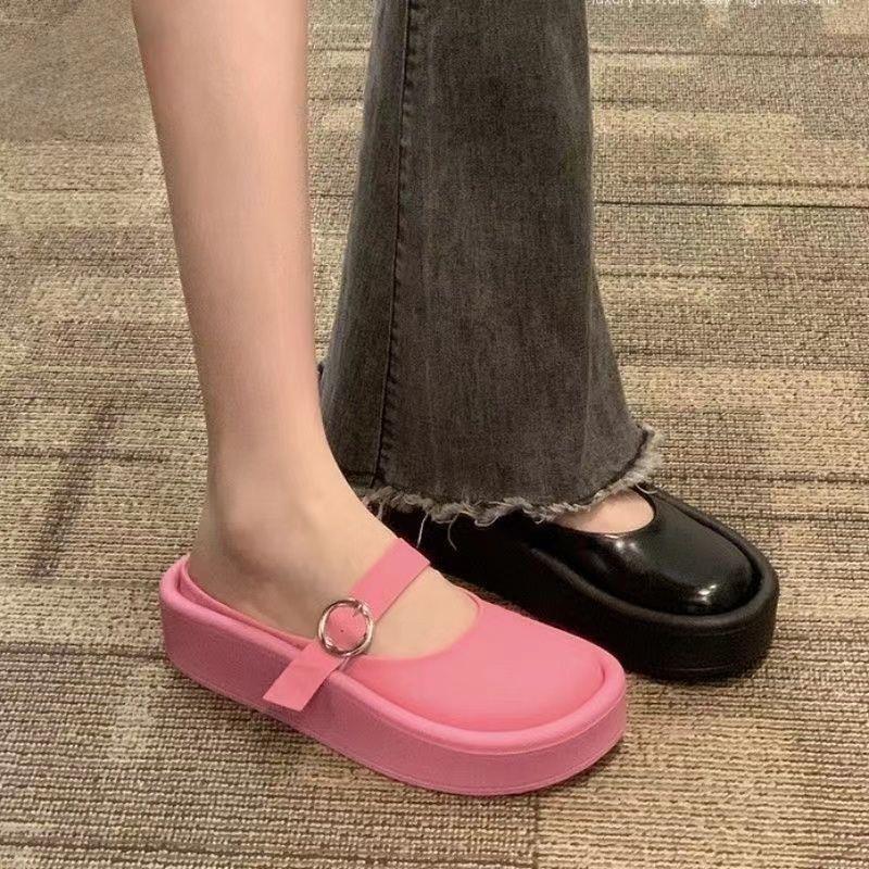 Fashion Half Slippers Women Outside Lazy Drag Thick Bottom Heightened Ugly Slippers Spring Platform Solid Buckle Casual Slides Shoes