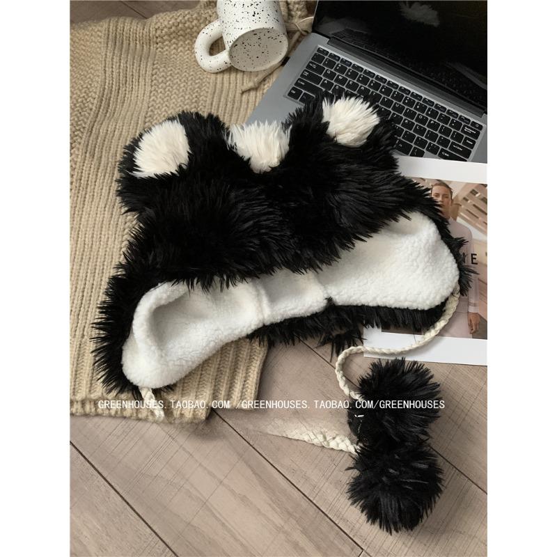 Cute Little Bear Hat for Women Thickened Fluffy Winter Ear Protection Head Hat Showing Face Small Warmth Lei Feng Hat Student Trend