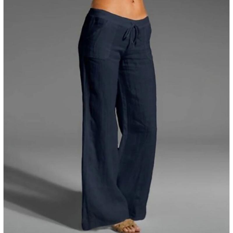 Linen Wide Leg Pants Elastic Drawstring Waist Casual Flare Trousers With Side Pockets Lightweight Loose Fit Beach Vacation Daily Palazzo Pants