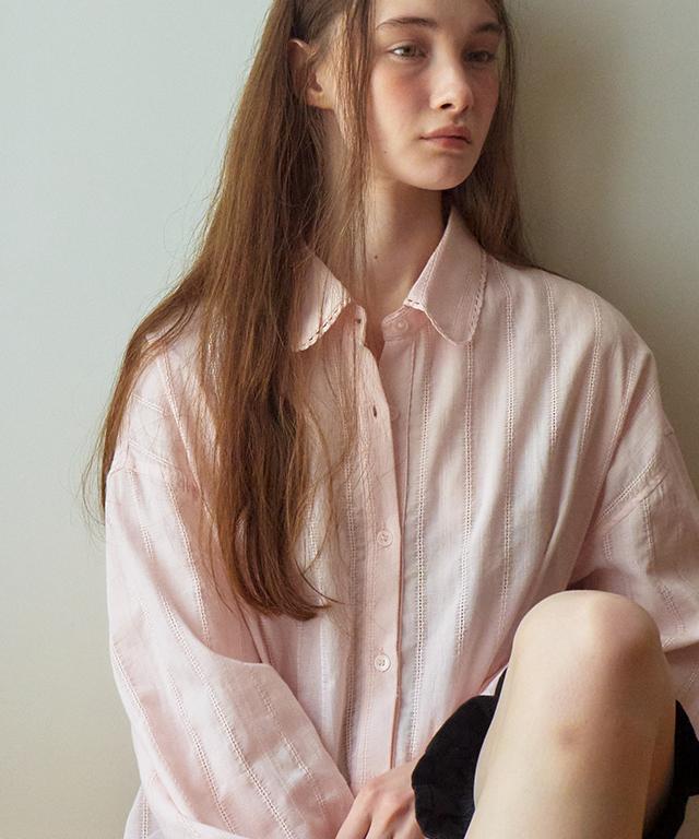 RONRON Drawstring Waist Torchon Lace Frill Shirt Soft Pink