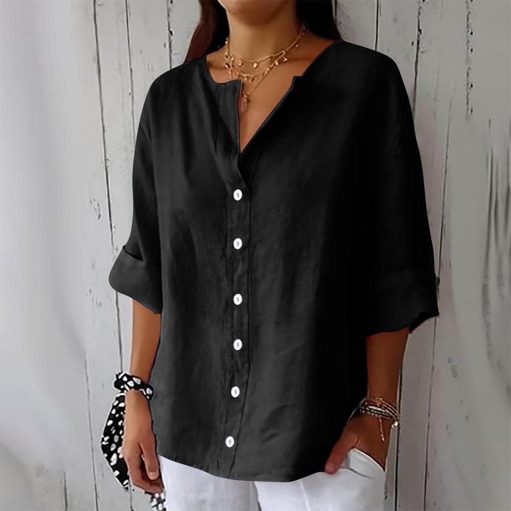 Women's Fashion Casual V-Neck Buttoned Seven Sleeve Cotton Linen Top