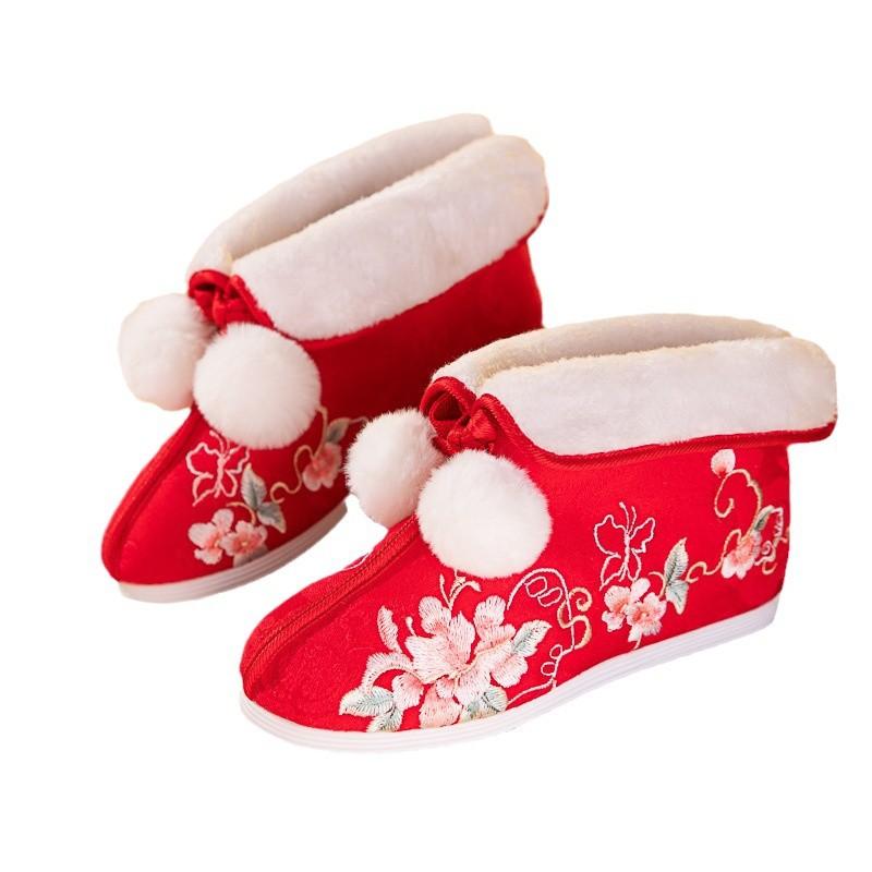 Botas de neve quentes de inverno para mulheres, botas de tornozelo bordadas antiderrapantes da moda com forro de pele sintética, botas curtas confortáveis e felpudas para caminhada femininas