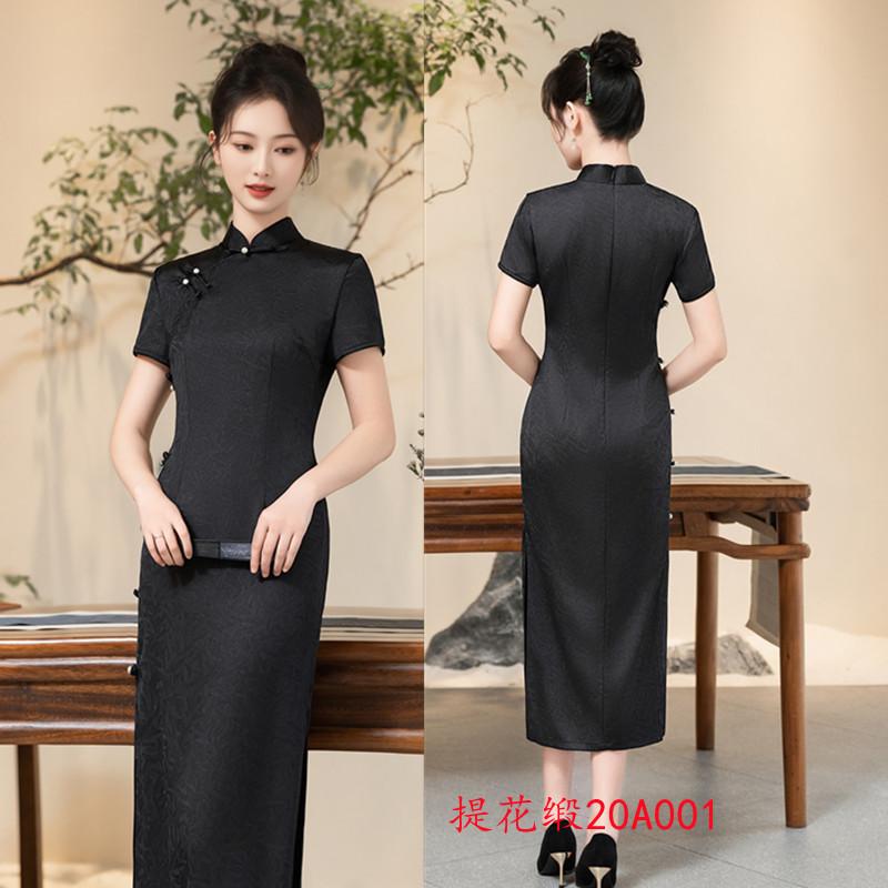 Black jacquard satin cheongsam spring and summer young temperament feminine slim new Chinese long cheongsam skirt