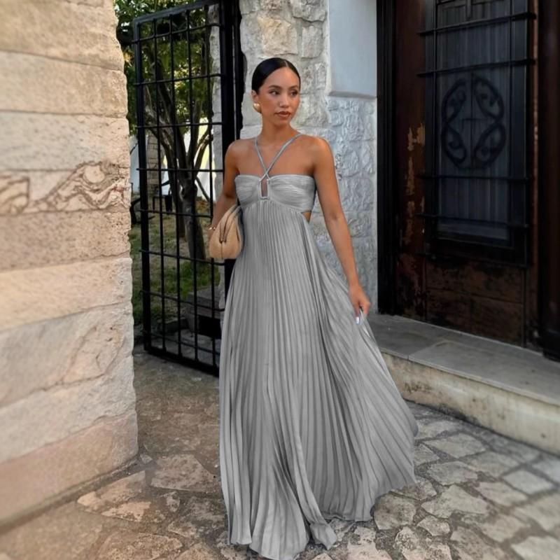 2025 Solid Color Ruched Strapless Sleeveless Maxi Dress Women Elegant Office Wear Loose Fit High Waist